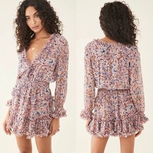 MISA Los Angeles Bridget Pink Floral Smocked Ruffle Long Sleeve Mini Dress Small